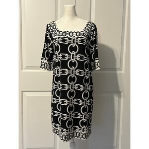 Alfani Black White Chain Print Stretch Shift Dress Medium